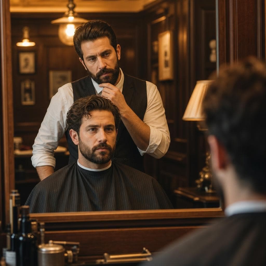 Barber studying a client's face shape in the mirror during a consultation