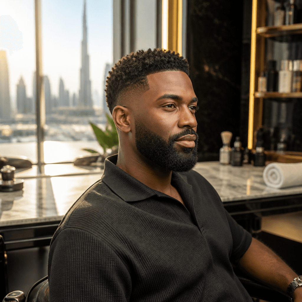 Black man with a short textured curly crop and mid fade in a Dubai barbershop