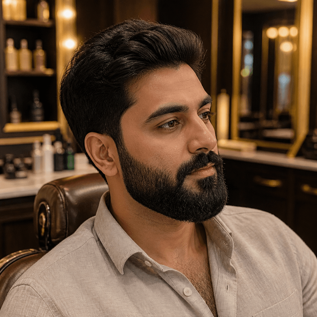 Man with a full carefully shaped beard and tapered sideburns in a premium Dubai barbershop