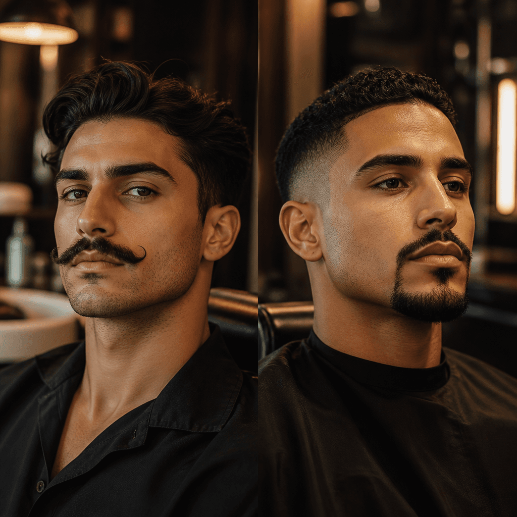 Modern moustache and goatee grooming examples shown in a premium Dubai barbershop setting