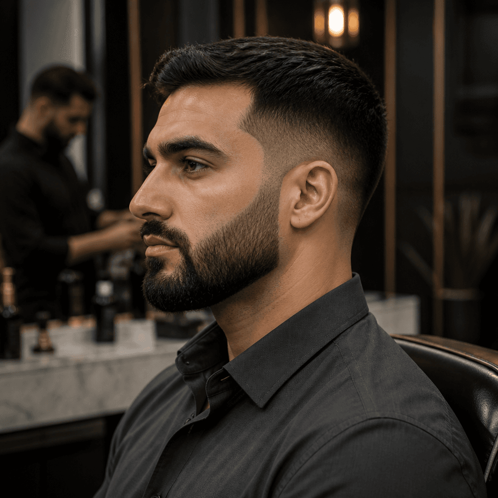 Short boxed beard with a low taper haircut on a man in a Dubai barbershop