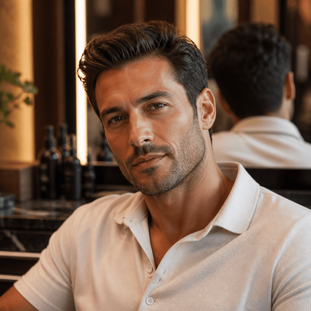 Man with intentional even close stubble and a clean neckline after a Dubai commute